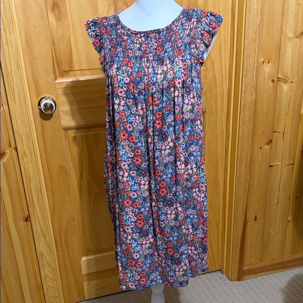Copper Key Blue & Pink Floral Medium Mini Dress With Smocking & Flutter Sleeves.